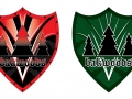 Bakwoods vector shields using text and trees logo. Colored red, black, white and green.